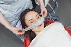 Dental patient wearing nitrous oxide mask, viewed from above