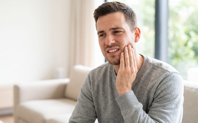 Man holding cheek and looking uncomfy